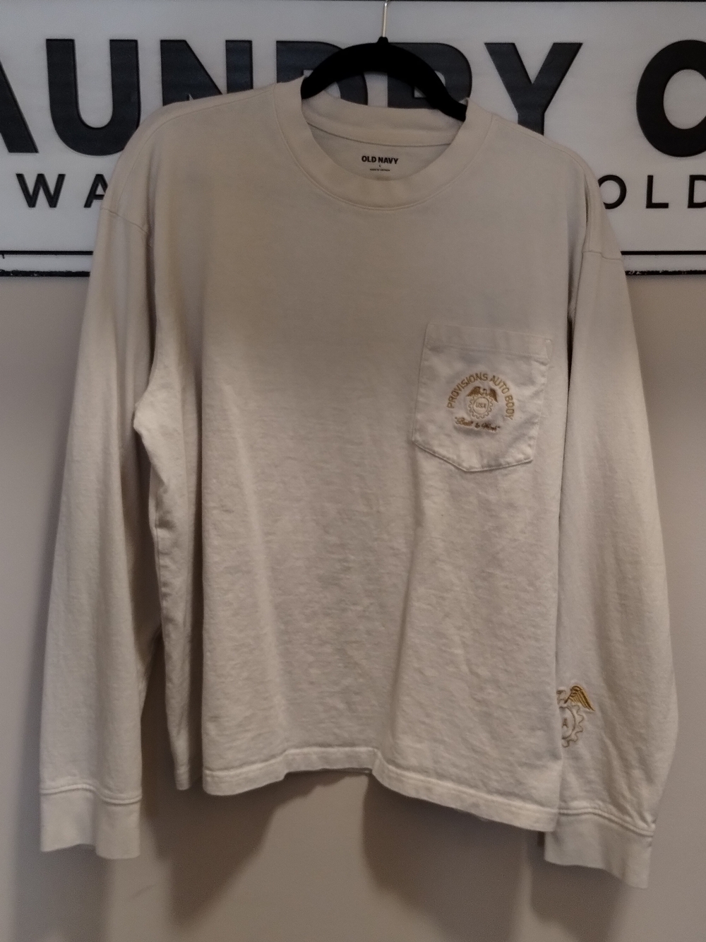Old Navy Cream Long Sleeve Pocket Tee with Gold Accent